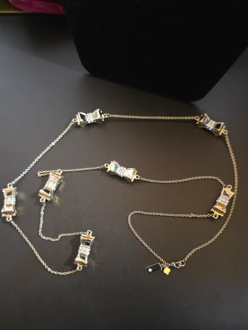 Kate Spade Gold Bow Crystal Enladened 30" Necklace Euc